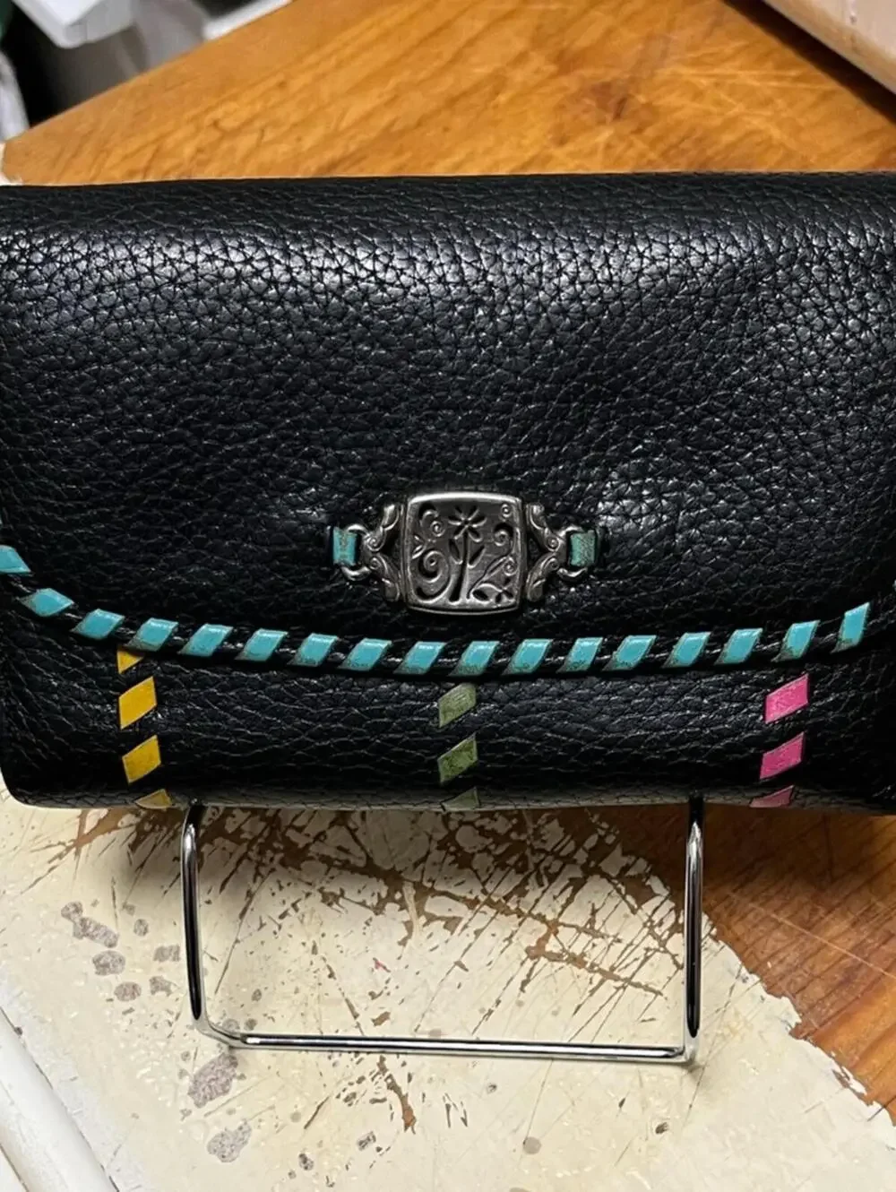 Brighton Black Leather Women's Crossbody Wallet with Colorful Accents